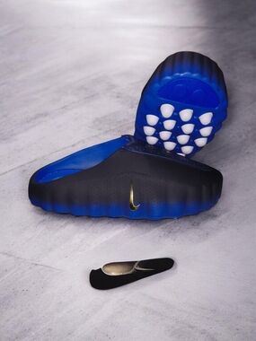 Nike Mind Black and Blue Slide Mule with Gold Swoosh